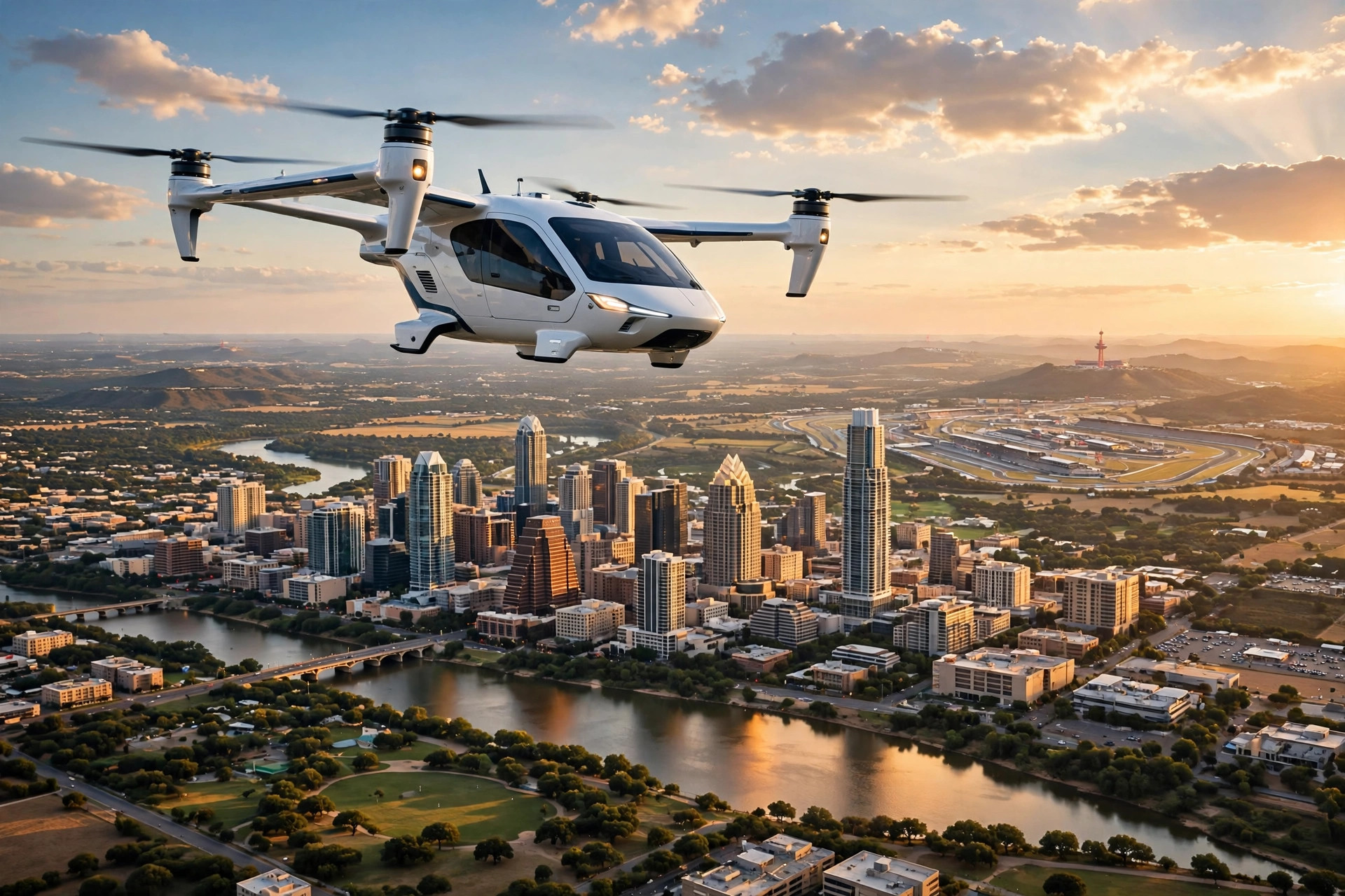 Editorial illustration: an electric air-taxi aircraft flying over the Austin skyline at golden hour