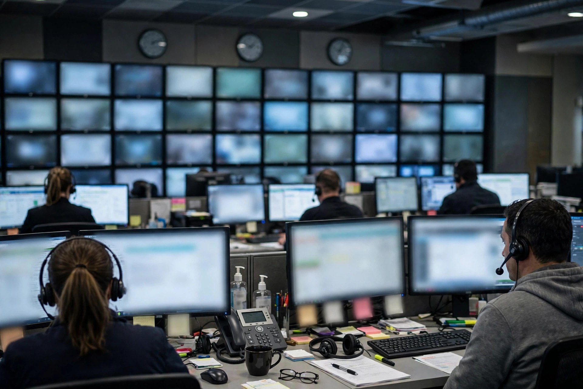 Editorial illustration: emergency dispatch operators at consoles in a 911 call center