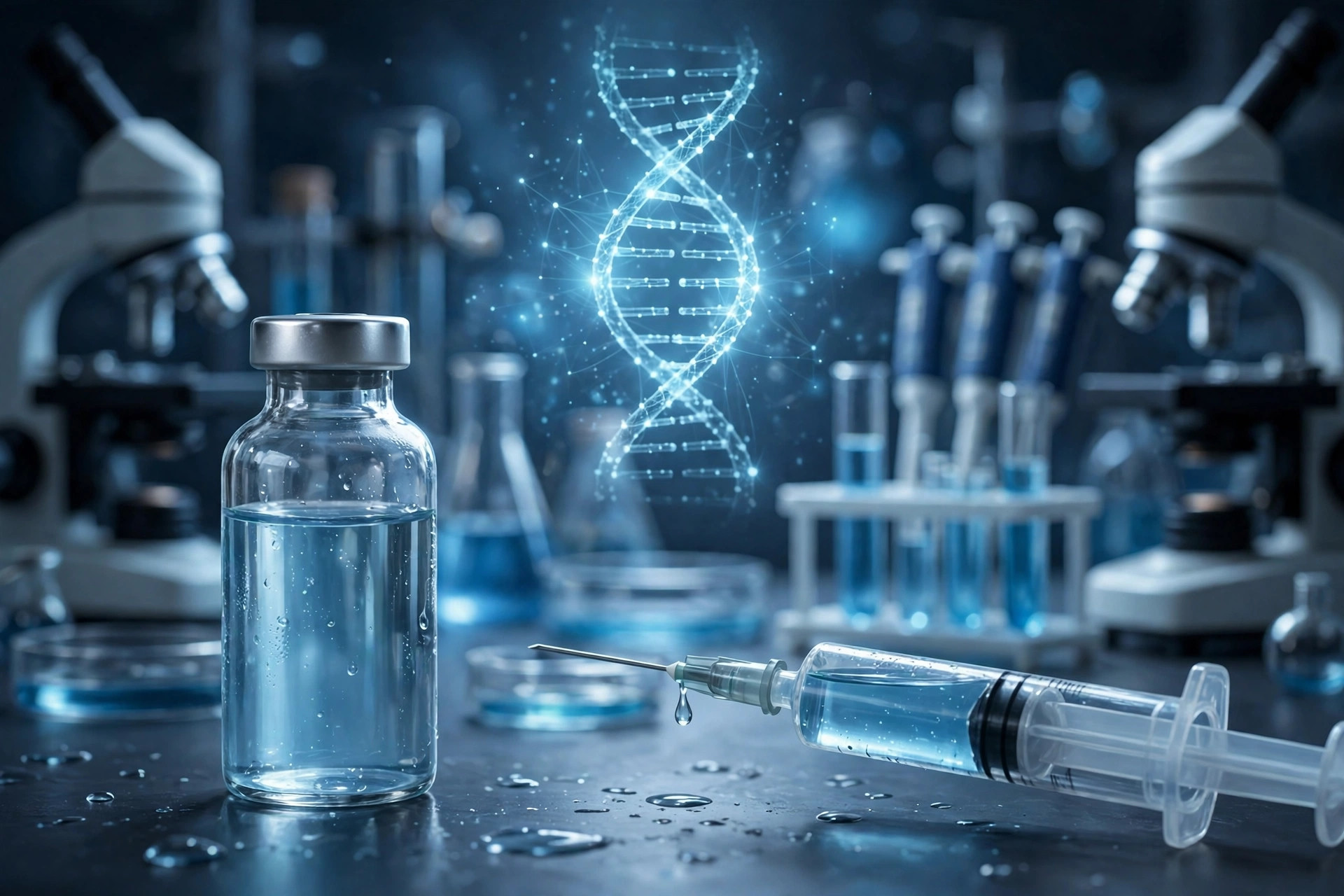 Editorial illustration: a medical laboratory with a vial and syringe under blue light