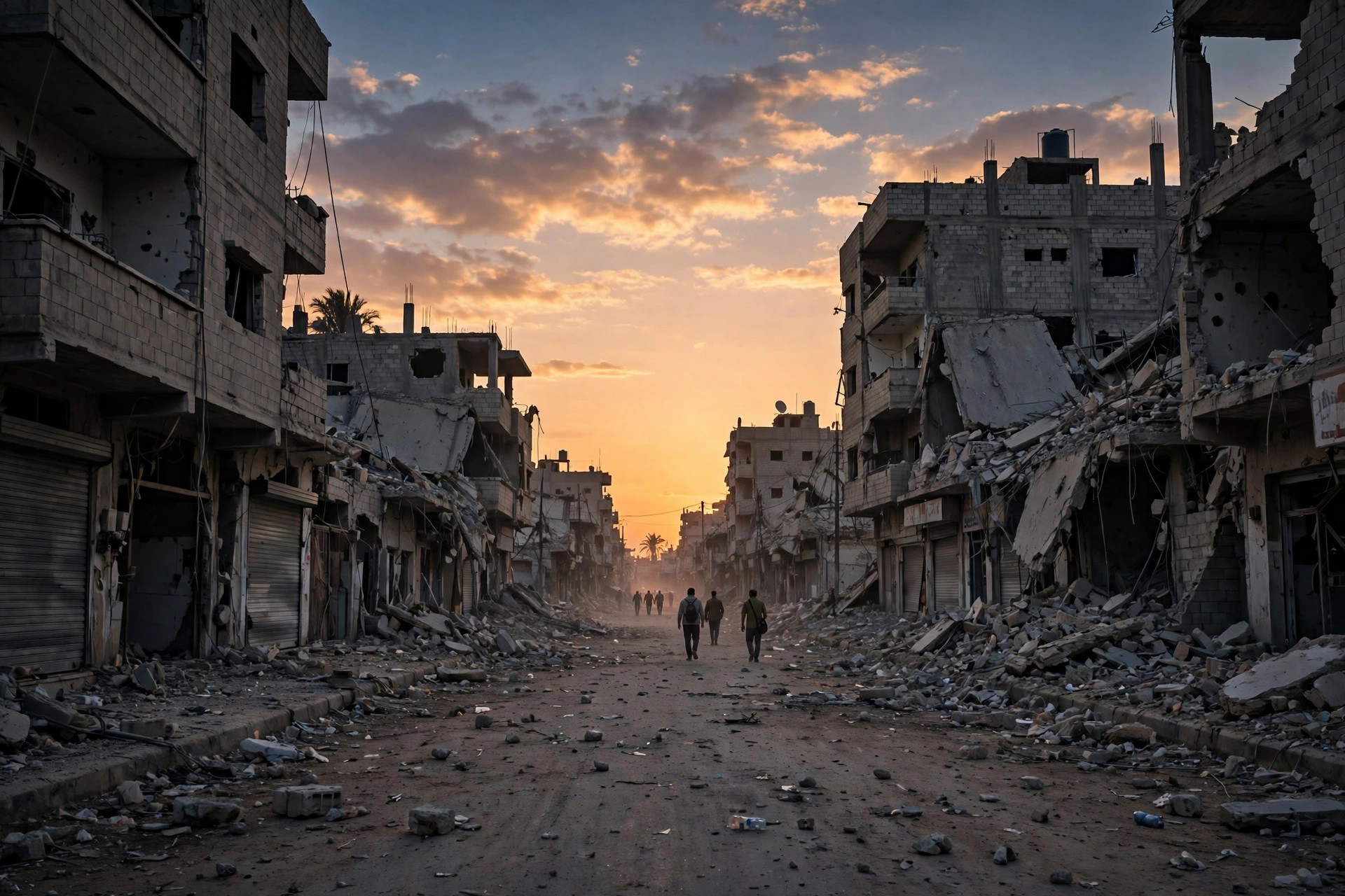 Editorial illustration: Gaza City street at dusk with damaged buildings
