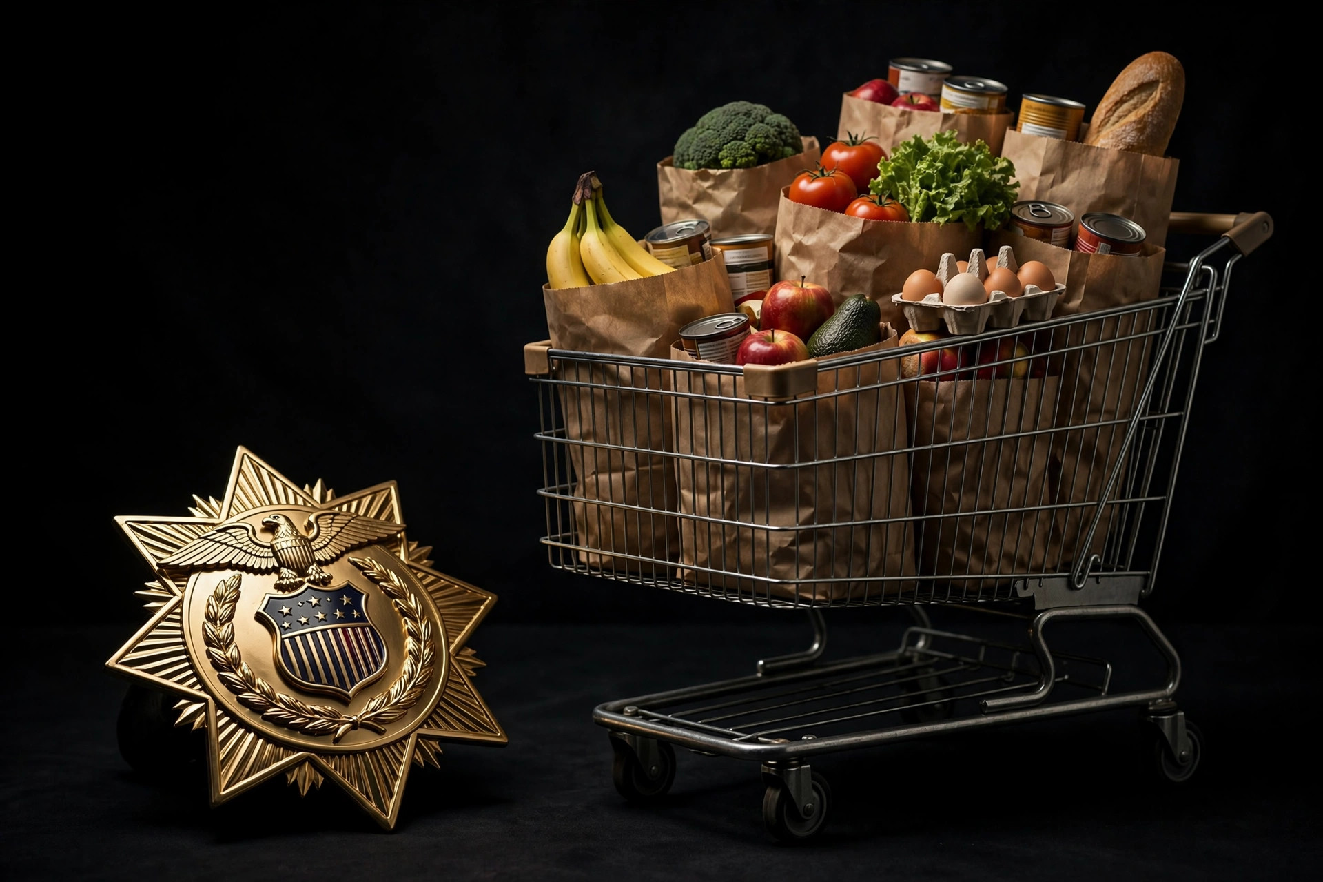 Editorial illustration: a grocery shopping cart beside a federal law enforcement badge