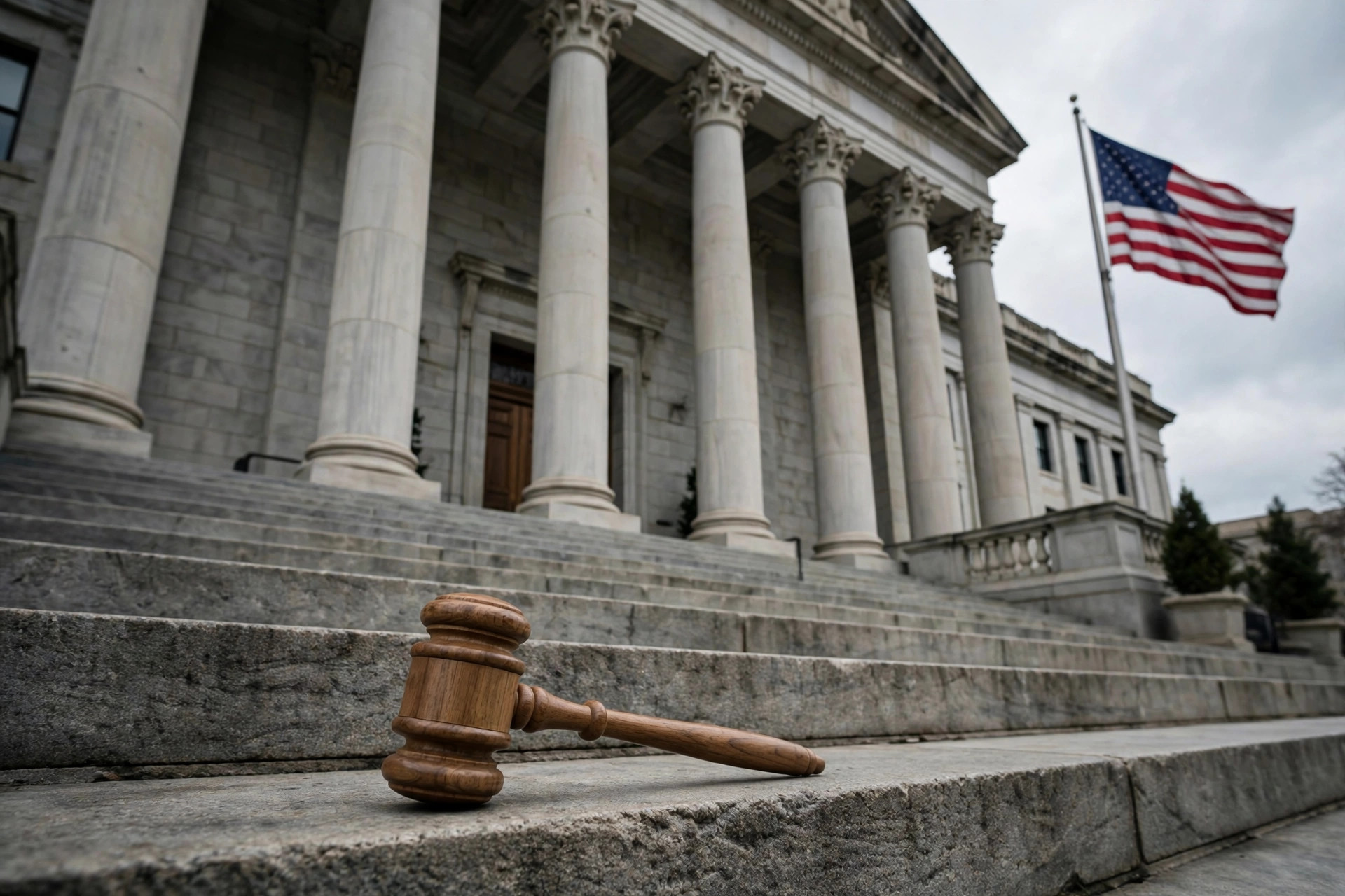 Editorial illustration: a federal courthouse with an American flag and a judge's gavel