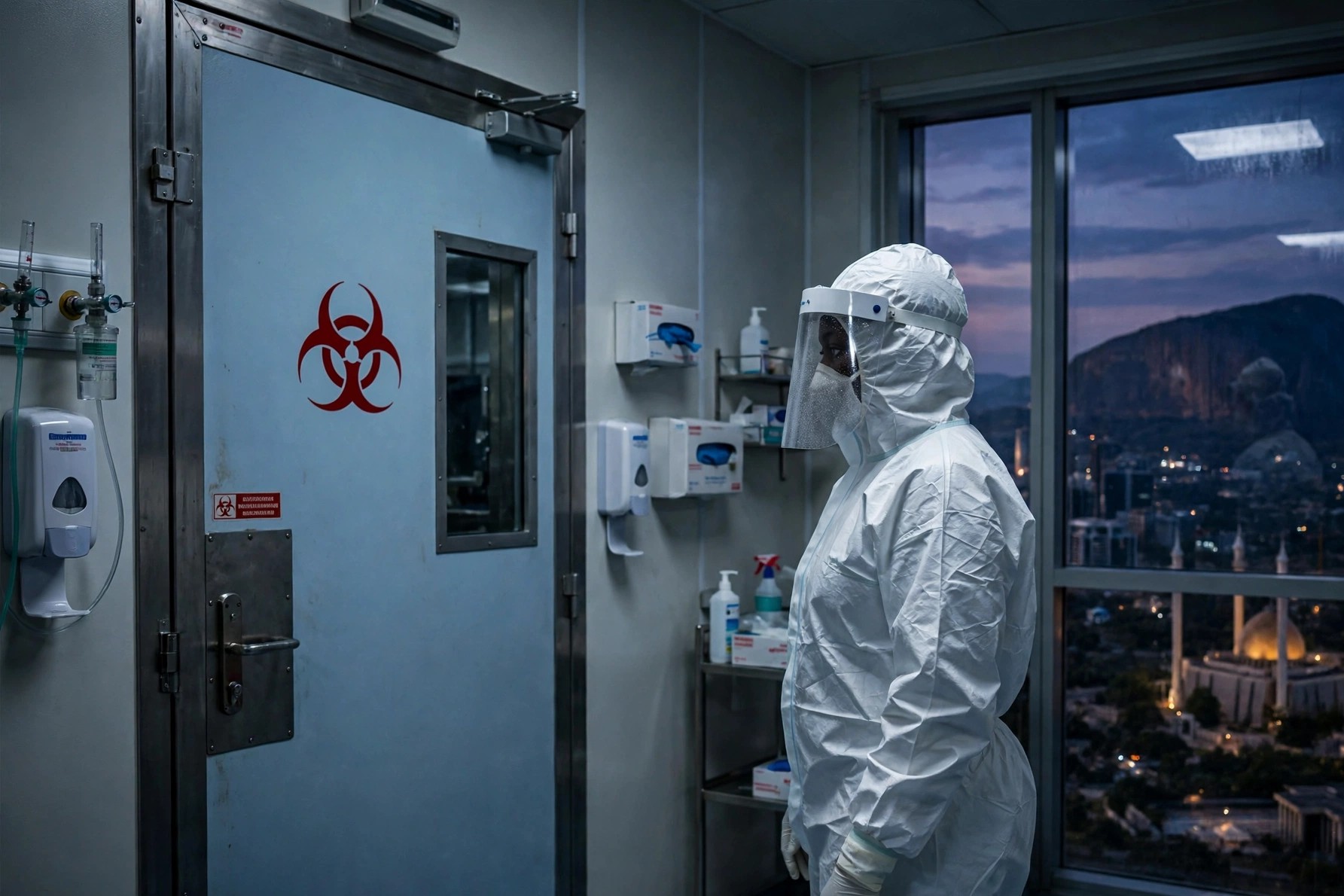 Editorial illustration: a healthcare worker in full Ebola protective gear beside a biohazard isolation door in a Nigerian hospital, Abuja skyline at dusk through the window
