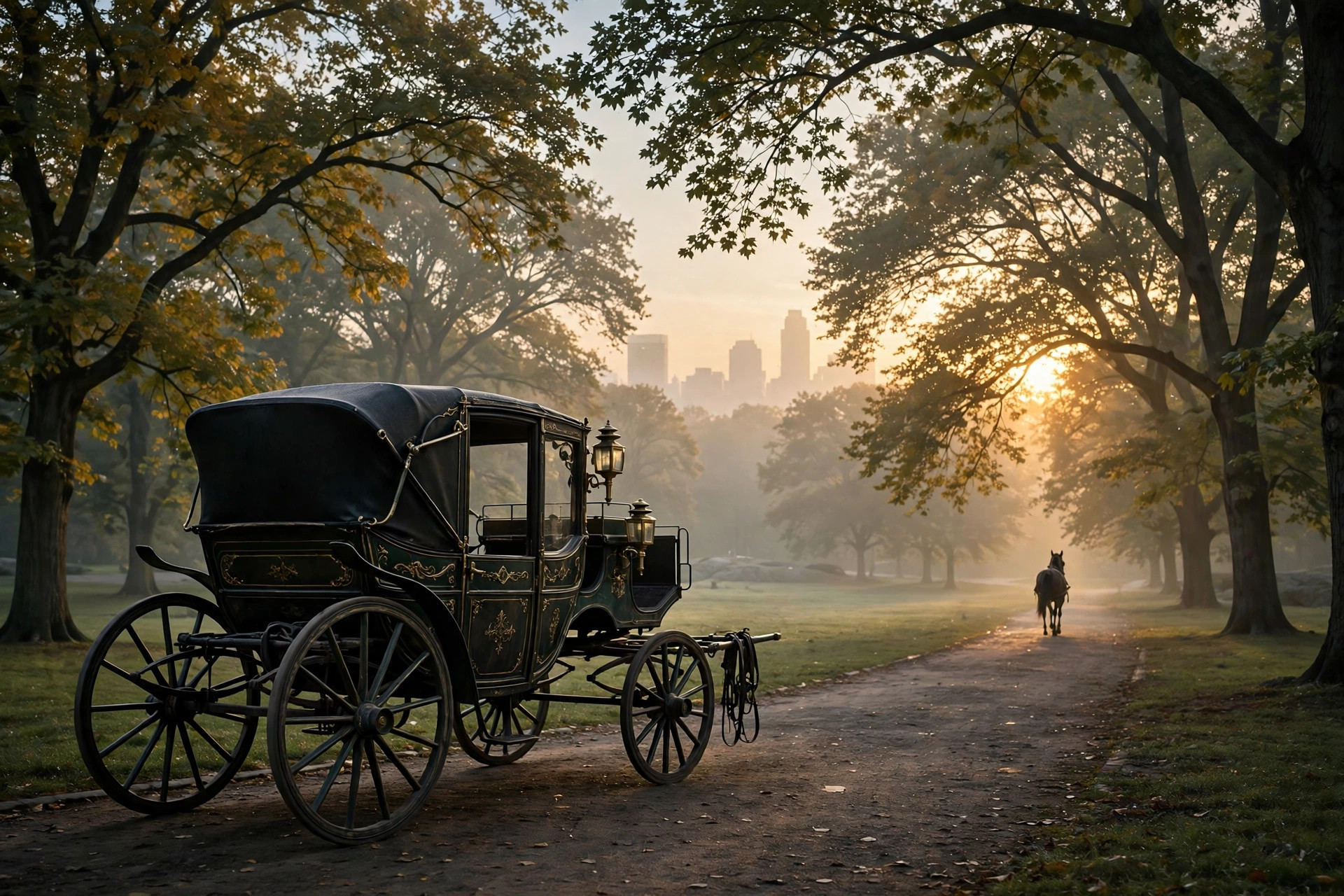 Editorial illustration: an empty horse-drawn carriage on a tree-lined Central Park path at sunrise