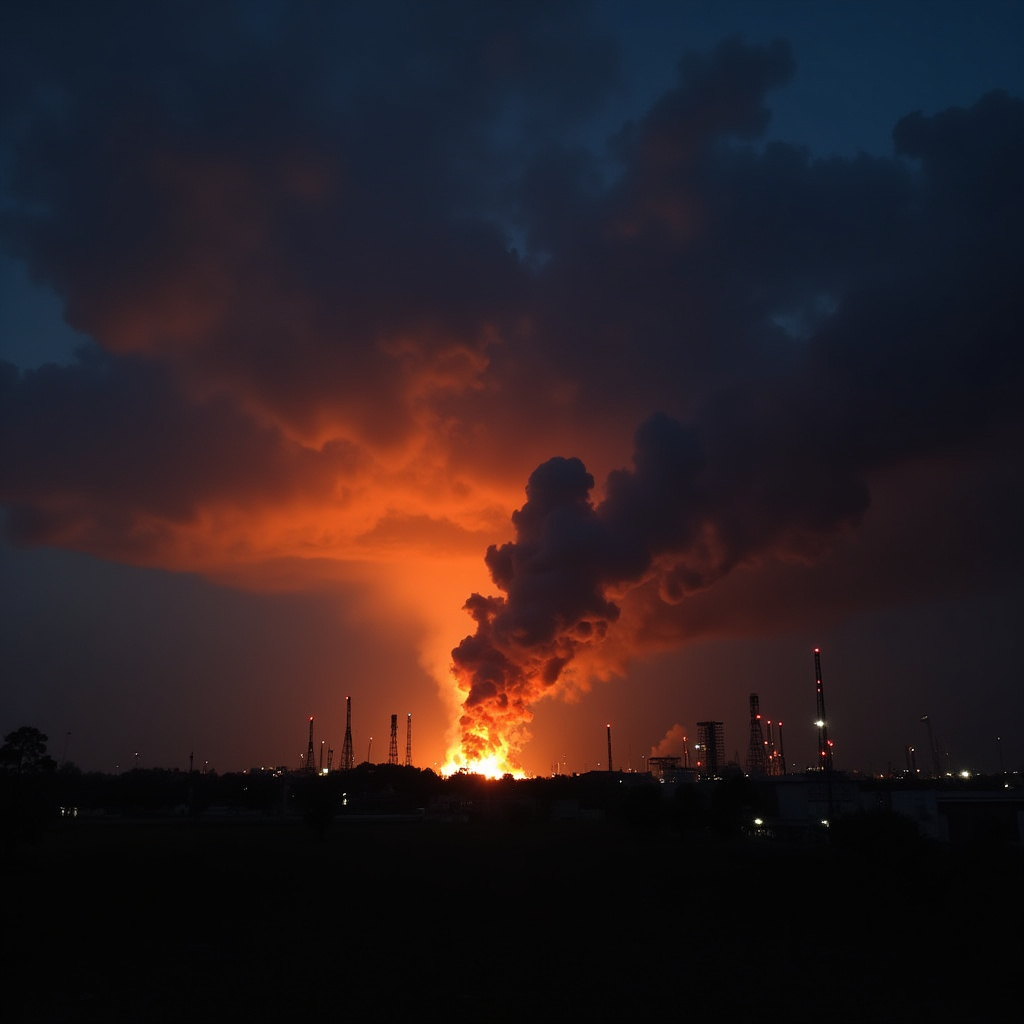 A massive industrial fire burns at night with flames and thick black smoke rising over a factory complex