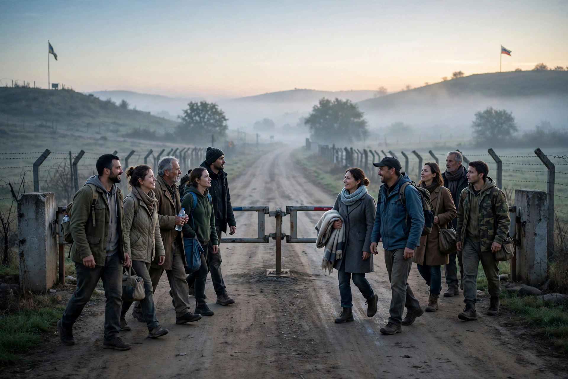 Editorial illustration: two groups of freed prisoners walking toward each other at a border crossing