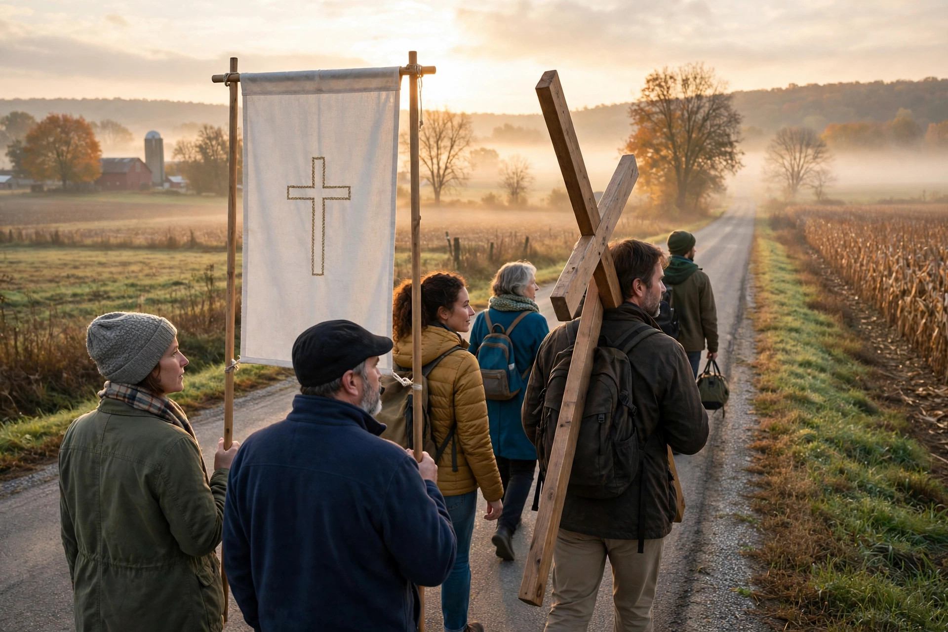 Editorial illustration: marchers with a church banner walking an Ohio road at sunrise