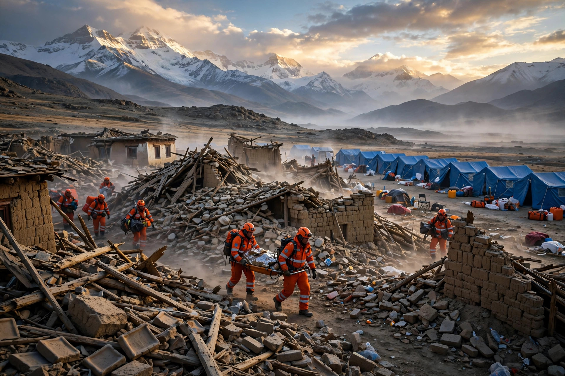 Editorial illustration: rescue workers in orange uniforms carrying a stretcher through rubble of collapsed houses in the Tibetan highlands, with relief tents and snow-capped mountains behind