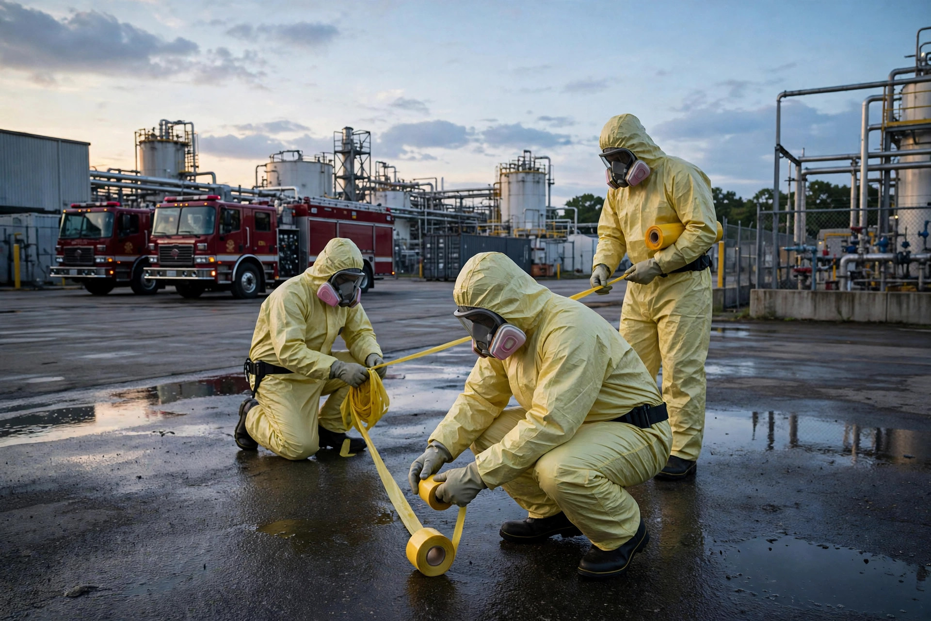 Editorial illustration: hazmat responders rolling up caution tape at an industrial facility at dusk