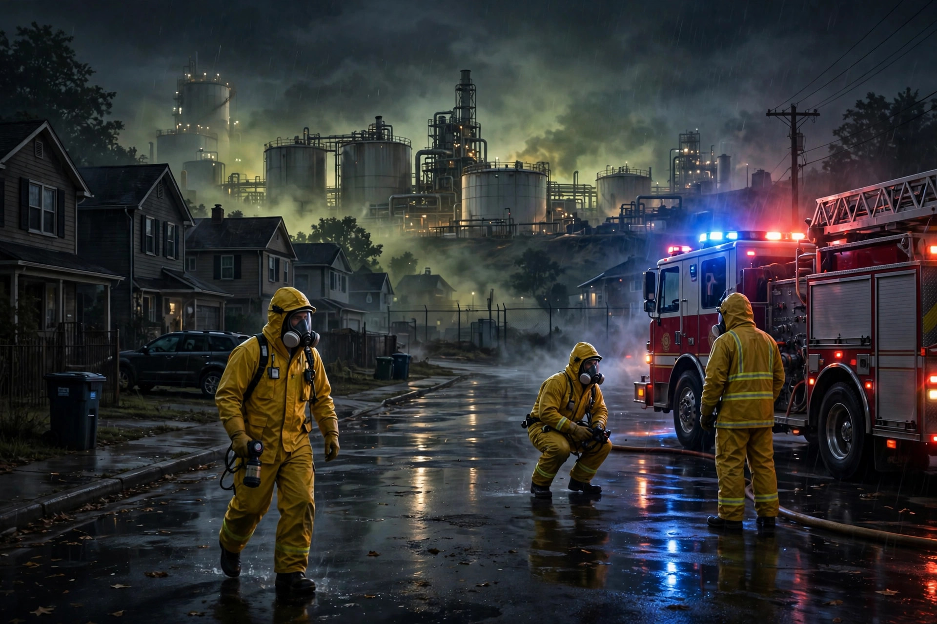 Editorial illustration: hazmat firefighters responding at night near an industrial tank facility