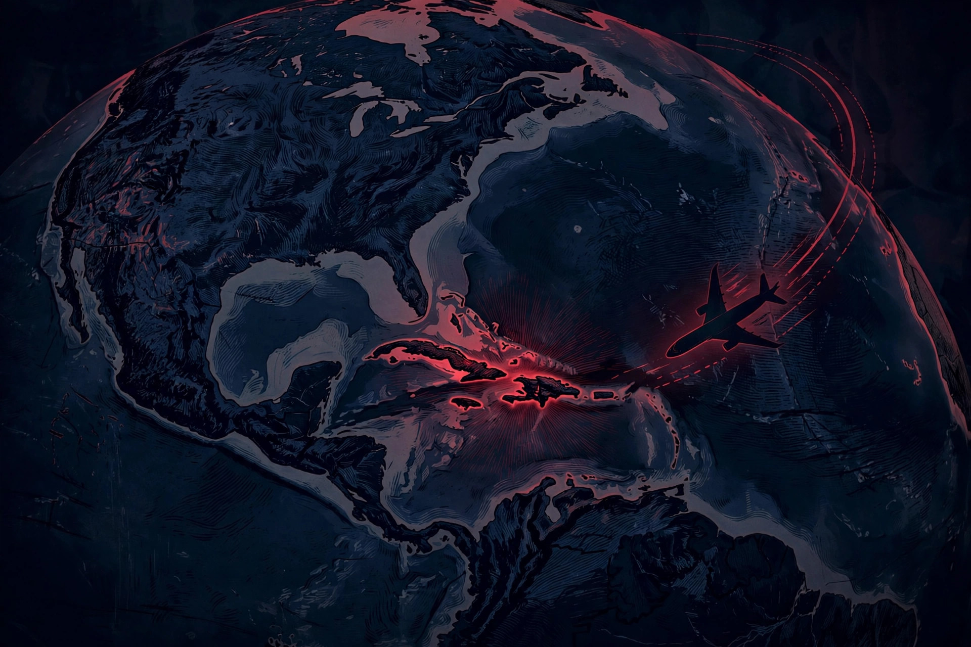 Editorial illustration: a stylized globe with Cuba highlighted and a jet arcing over the Atlantic