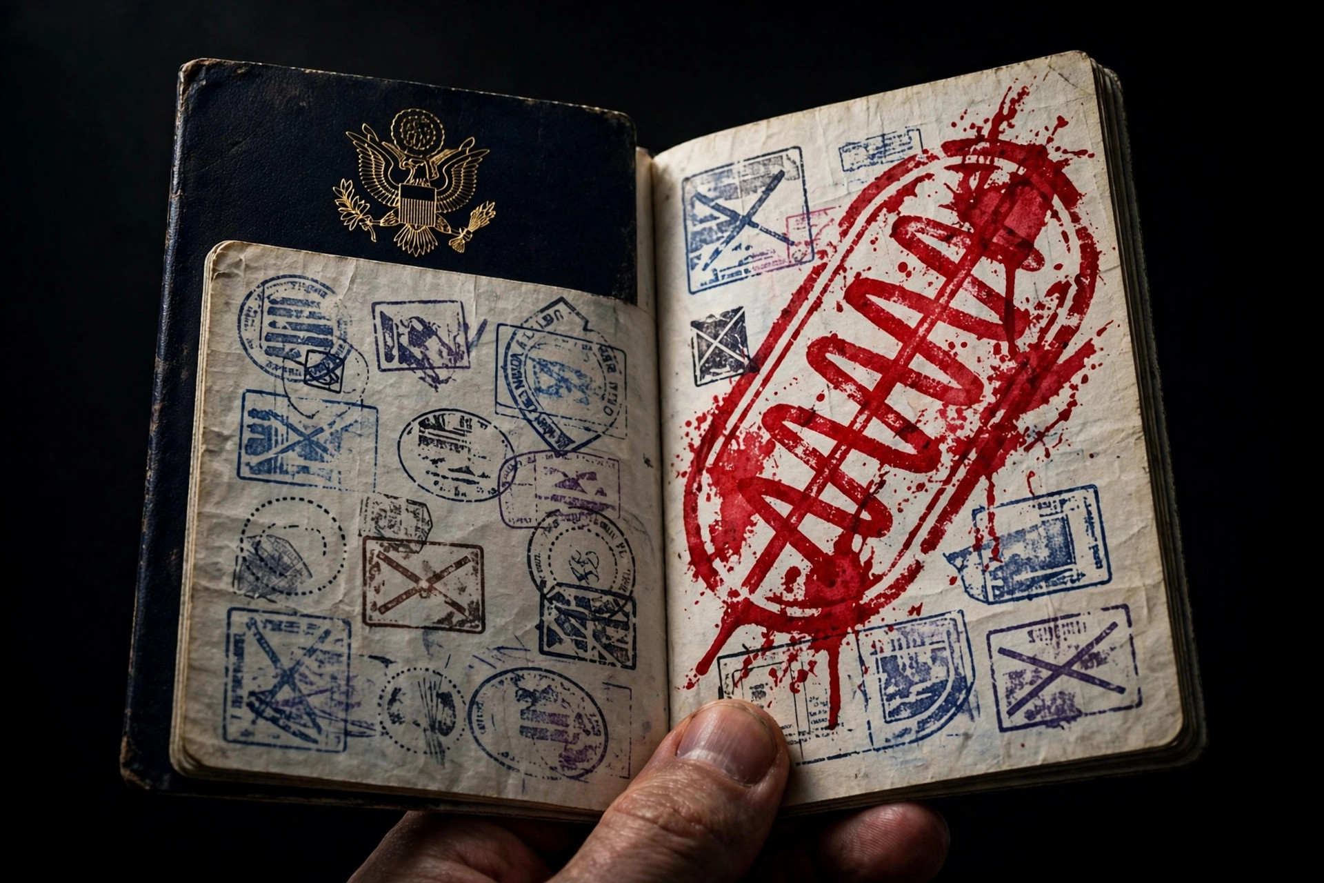 Editorial illustration: a U.S. passport with visa pages and a large red cancellation stamp