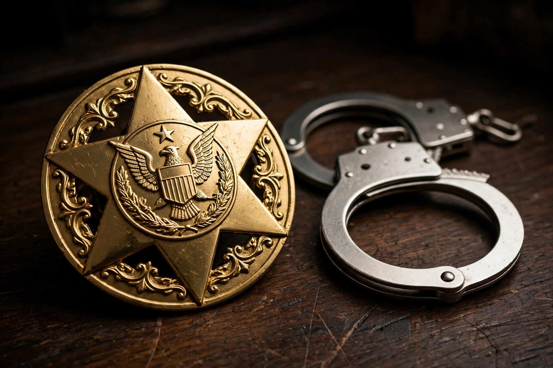 Editorial illustration: a U.S. Marshals badge beside handcuffs on a desk