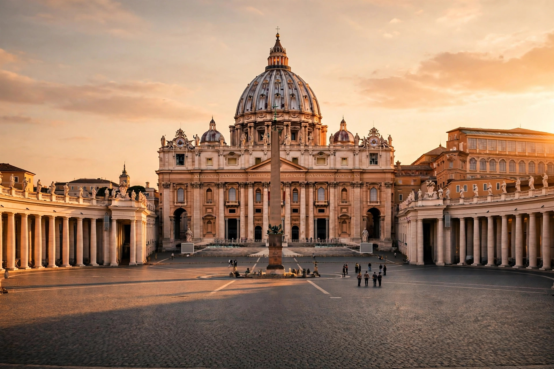 Editorial illustration: St. Peter's Basilica at golden hour with pilgrims in the square